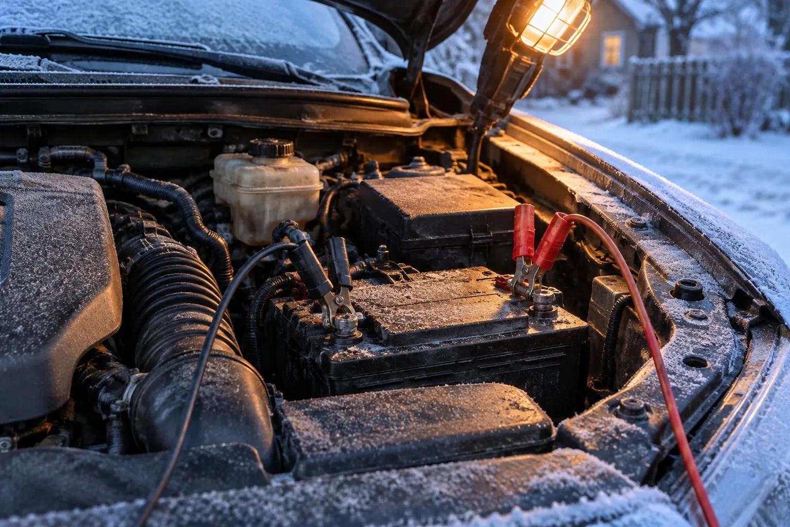 Bereifter Motorraum an einem Wintermorgen: An den Polen der Autobatterie hängen eine rote und eine schwarze Klemme, daneben eine Arbeitsleuchte (KI-generiertes Symbolbild)
