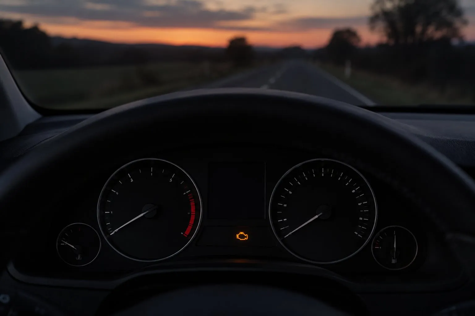 Kombiinstrument eines Autos in der Abenddämmerung, in der Mitte leuchtet die gelbe Motorkontrollleuchte, dahinter eine Landstraße (KI-generiertes Symbolbild)