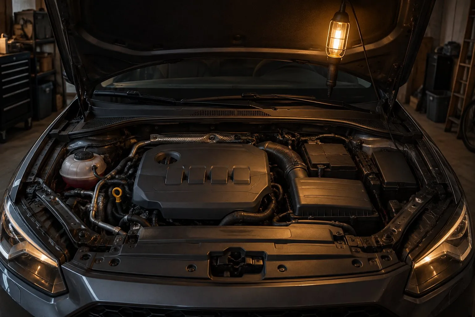 Geöffnete Motorhaube in einer Garage mit Arbeitsleuchte (Symbolbild)